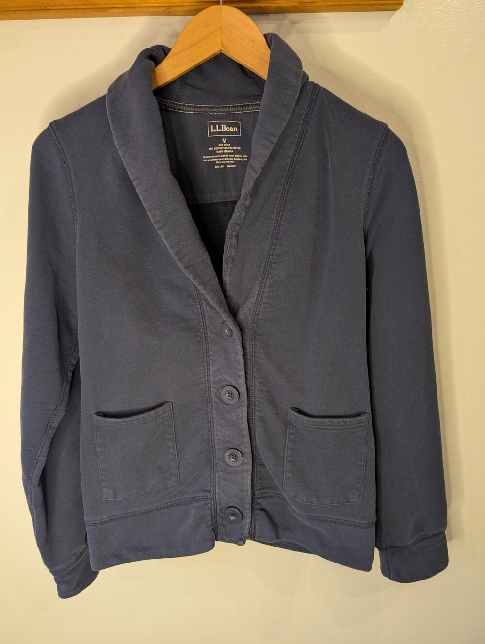 L.L.Bean Womens Shawl Collar Sweatshirt Jacket M Navy Button Front Belted Back